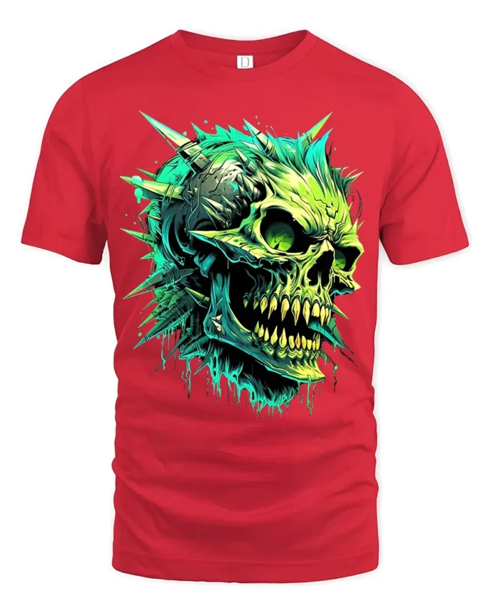 Radioactive Skull T-Shirt Edgy Green Skull - red t-shirt on white background