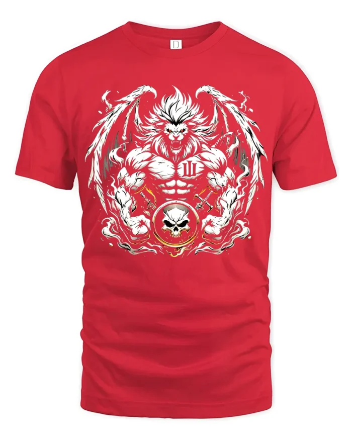 Warrior Lion T-Shirt Muscular Lion Skull Design - red t-shirt on white background