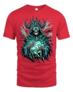 Necromancer Eerie Green Skull Sorcerer - red t-shirt on white background