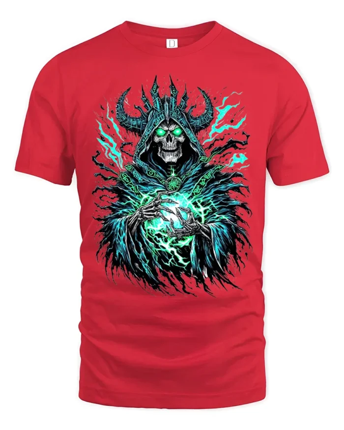 Necromancer Eerie Green Skull Sorcerer - red t-shirt on white background