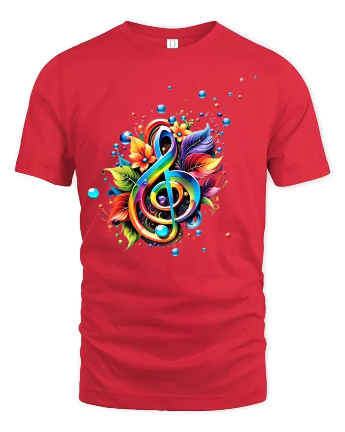 Rainbow Music Colorful Treble Clef Shirt - red t-shirt on white background