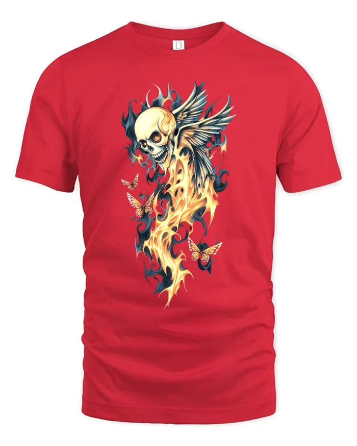 Winged Skull Fire Ethereal Skull Butterfly T-Shirt - red t-shirt on white background