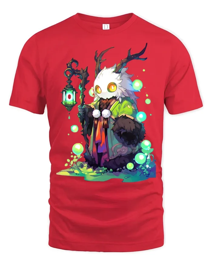 Enchanted Creature Forest Spirit Glow Eye Antler Tee - red t-shirt on white background