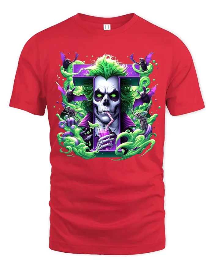Creepy Joker Halloween Villain Skull Shirt - red t-shirt on white background
