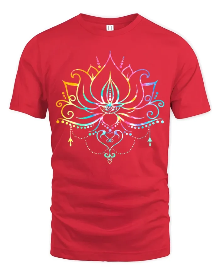 Rainbow Lotus Colorful Yoga Flower Zen T-Shirt - red t-shirt on white background