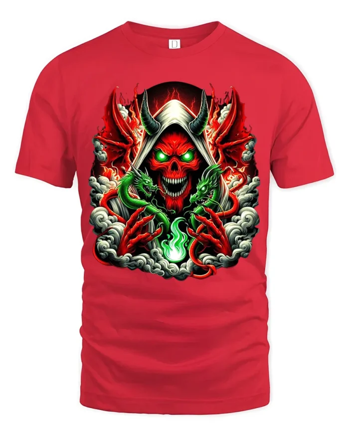 Infernal Skull T-Shirt Red Demon Green Dragon - red t-shirt on white background