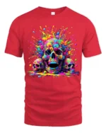 Rainbow Skull T-Shirt Vibrant Splatter Skull - red t-shirt on white background
