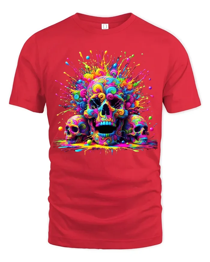 Rainbow Skull T-Shirt Vibrant Splatter Skull - red t-shirt on white background