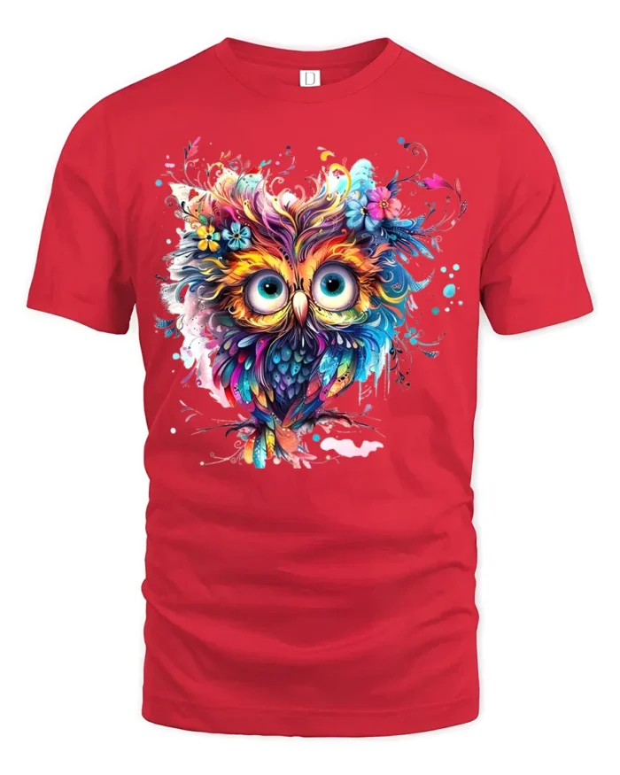 Vibrant Floral Owl Bohemian Style Colorful Bird T-Shirt for Nature Lovers - red t-shirt on white background