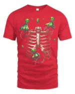 Mystic Skeleton Spirits Chained Glowing Ghosts and Ribcage Graphic Shirt - red t-shirt on white background