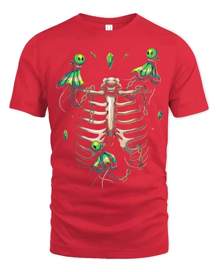 Mystic Skeleton Spirits Chained Glowing Ghosts and Ribcage Graphic Shirt - red t-shirt on white background