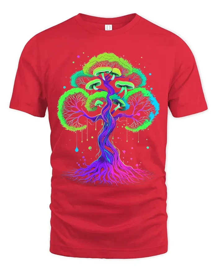 Neon Psychedelic Mushroom Tree Vibrant Trippy Fungi Forest T-Shirt - red t-shirt on white background