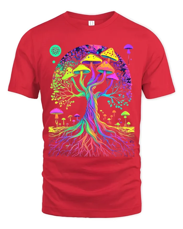 Psychedelic Shroom Tree Colorful Fungi T-Shirt - red t-shirt on white background