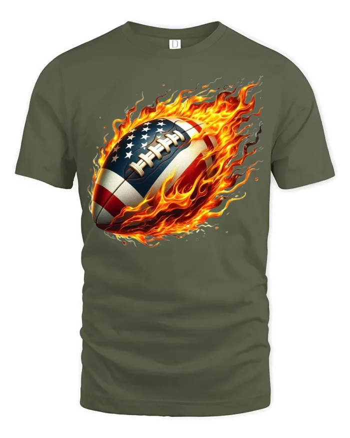 Flaming USA Football Patriotic Game T-Shirt - military green t-shirt on white background