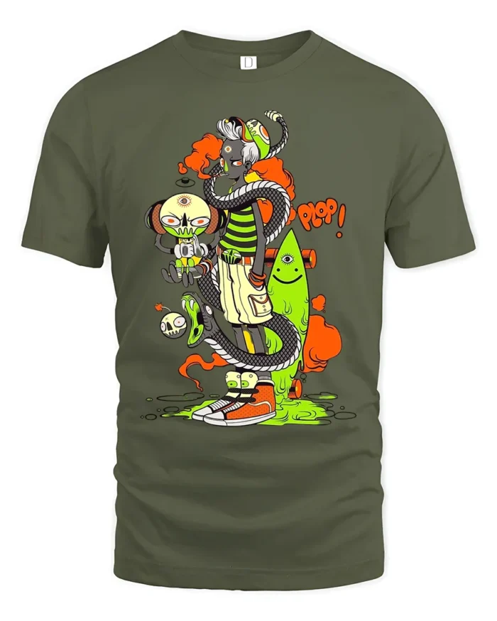 Surreal Monster Stack Funny Cartoon Art T-Shirt - military green t-shirt on white background