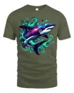 Galaxy Shark Cosmic Space Predator T-Shirt - military green t-shirt on white background