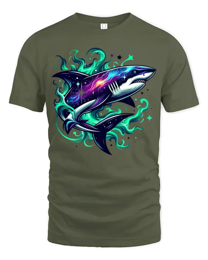 Galaxy Shark Cosmic Space Predator T-Shirt - military green t-shirt on white background