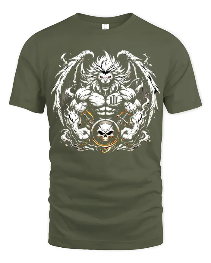 Warrior Lion T-Shirt Muscular Lion Skull Design - military green t-shirt on white background