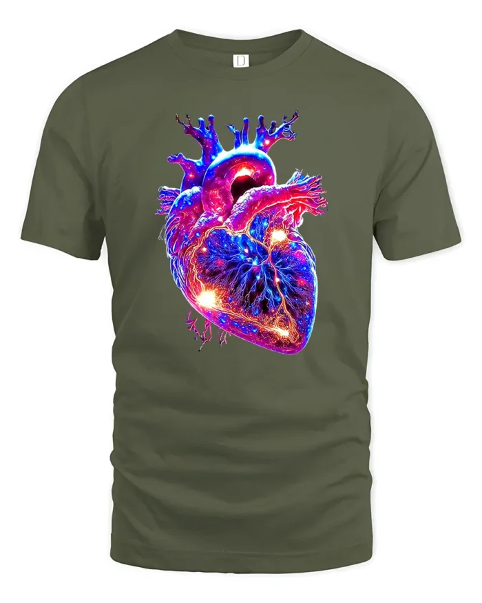 Neon Heart Vibrant Anatomical Love T-Shirt - military green t-shirt on white background