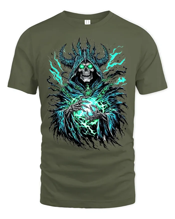 Necromancer Eerie Green Skull Sorcerer - military green t-shirt on white background