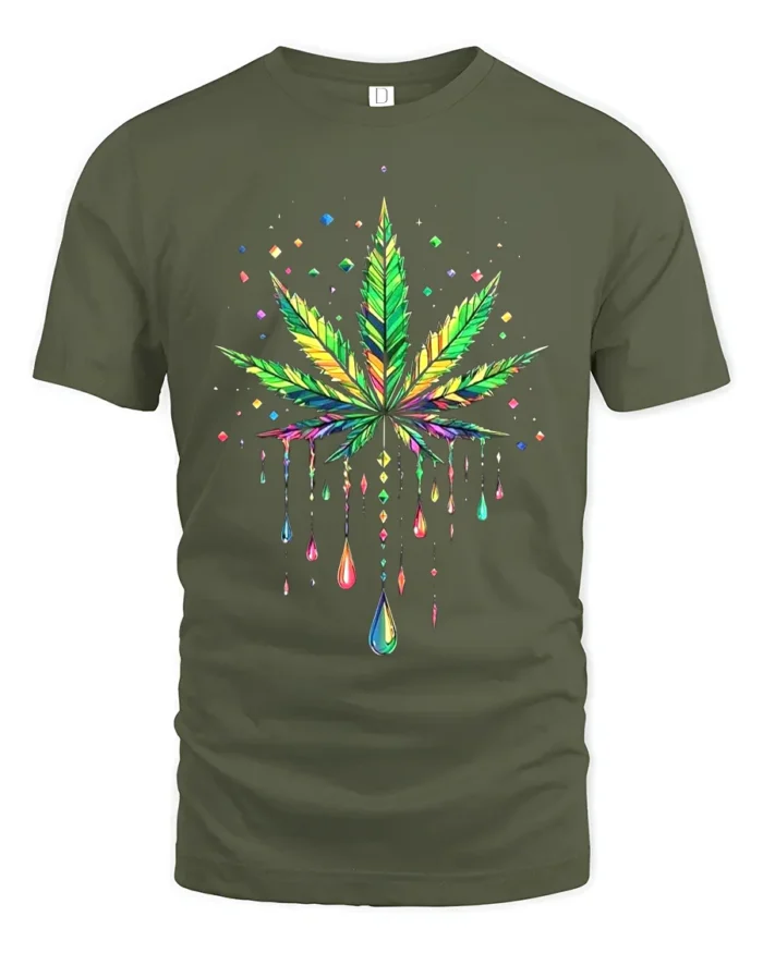 Psychedelic Leaf Colorful Marijuana T-Shirt - military green t-shirt on white background