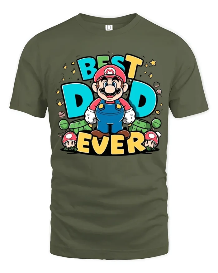 Retro Dad Gamer Best Dad Ever Mario Now - military green t-shirt on white background