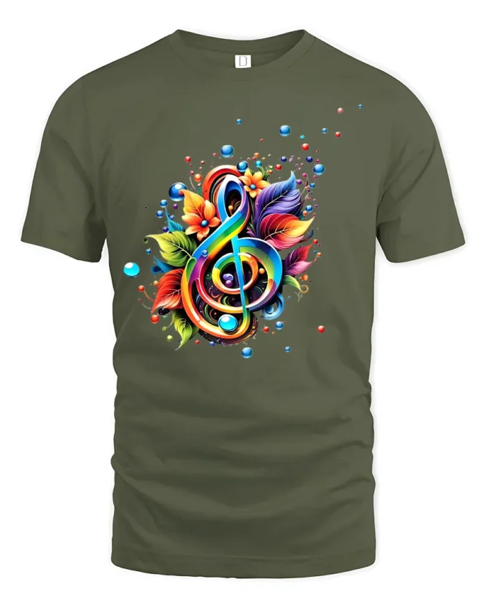 Rainbow Music Colorful Treble Clef Shirt - military green t-shirt on white background