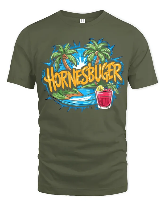 Hornesbuger Beach Tropical Vacation T-Shirt - military green t-shirt on white background