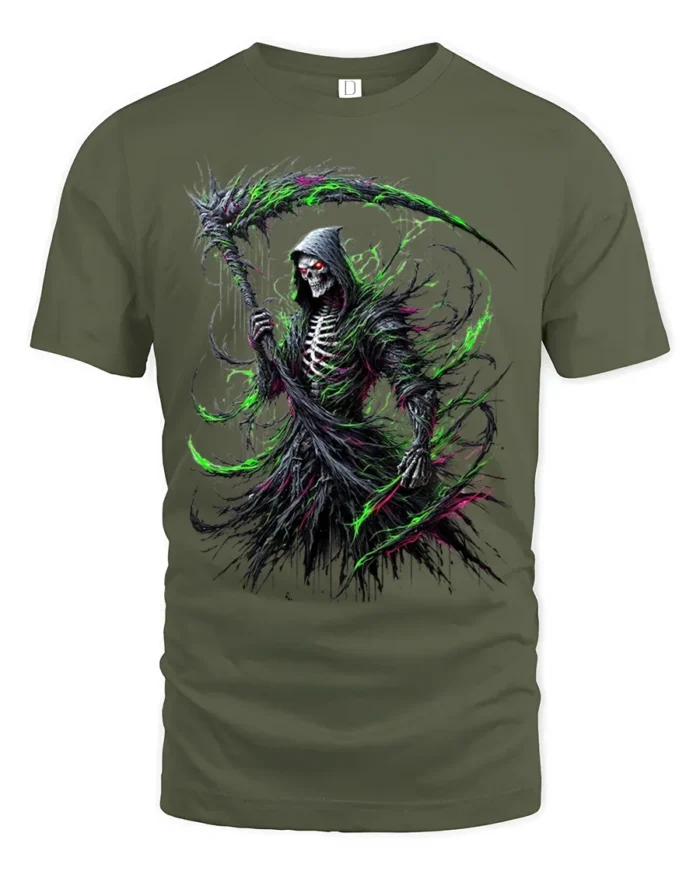 Toxic Death T-Shirt Radioactive Grim Reaper - military green t-shirt on white background