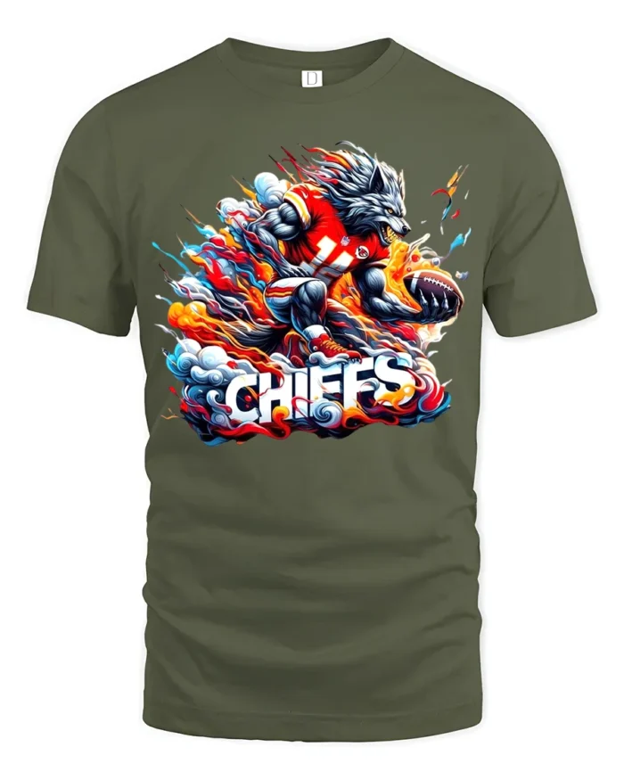 Wild Chiefs Wolf Football Fan Shirt - military green t-shirt on white background
