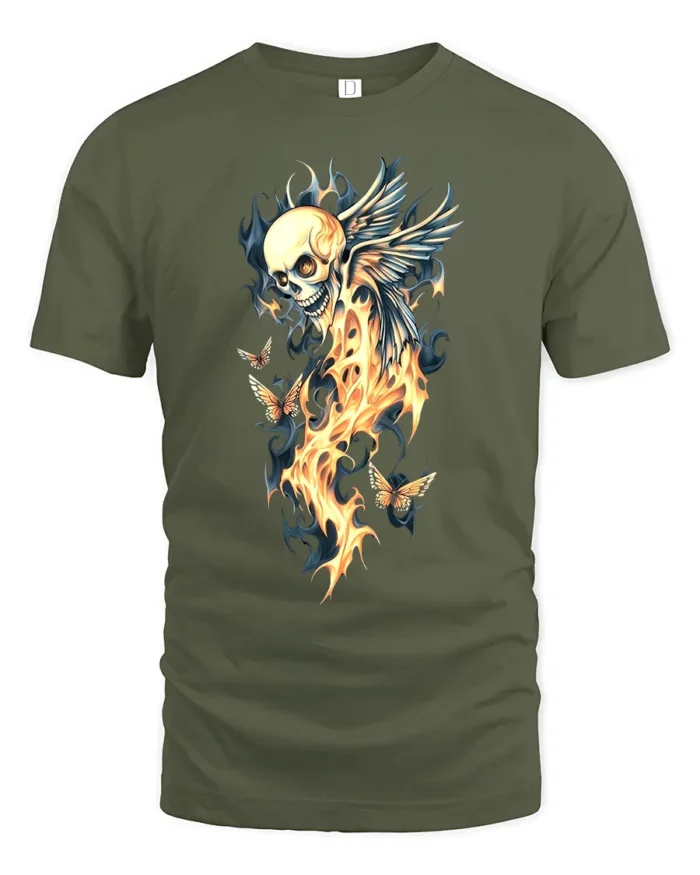 Winged Skull Fire Ethereal Skull Butterfly T-Shirt - military green t-shirt on white background