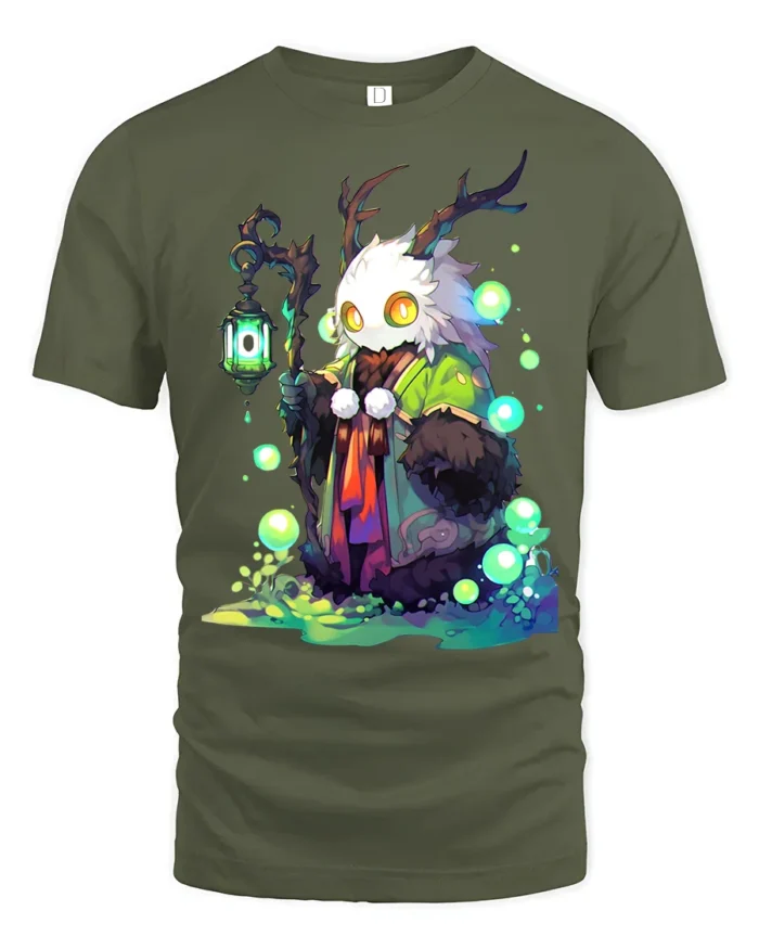 Enchanted Creature Forest Spirit Glow Eye Antler Tee - military green t-shirt on white background