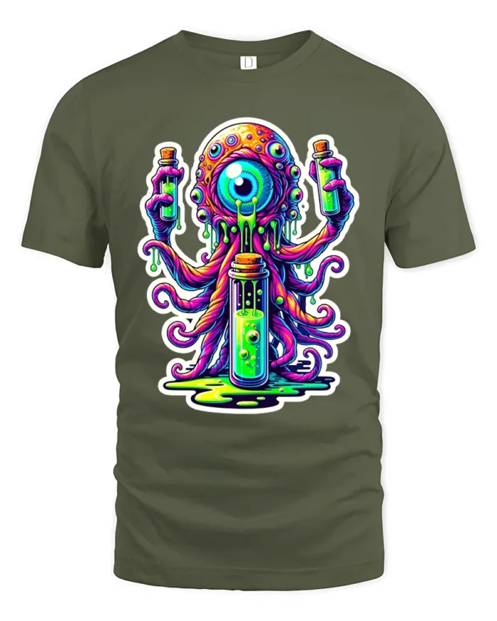Neon Alien Brain Trippy Monster Glow Monster T-Shirt - military green t-shirt on white background