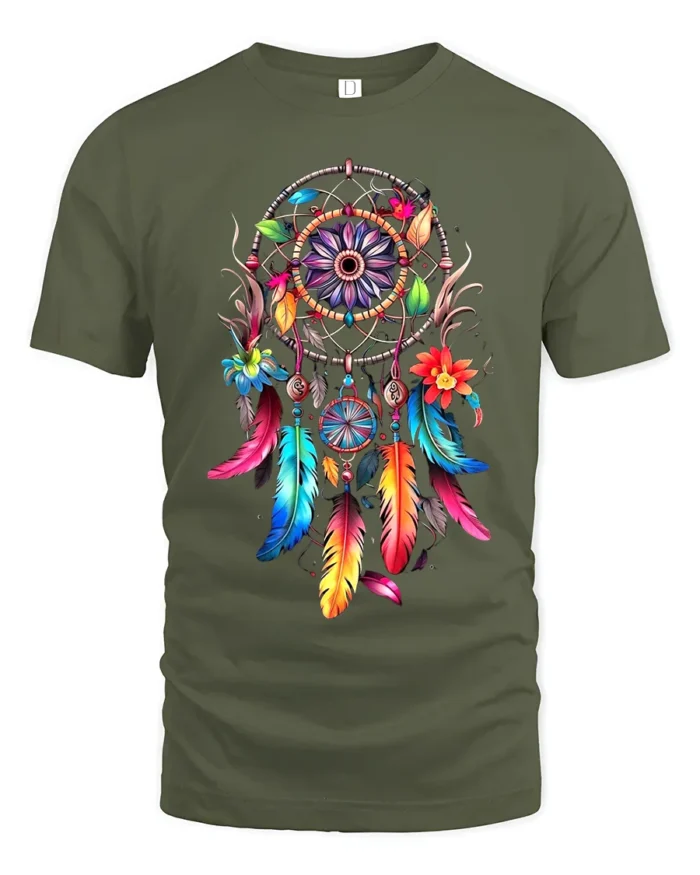 Spirit Catcher Colorful Native American Shirt - military green t-shirt on white background