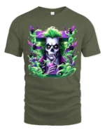 Creepy Joker Halloween Villain Skull Shirt - military green t-shirt on white background