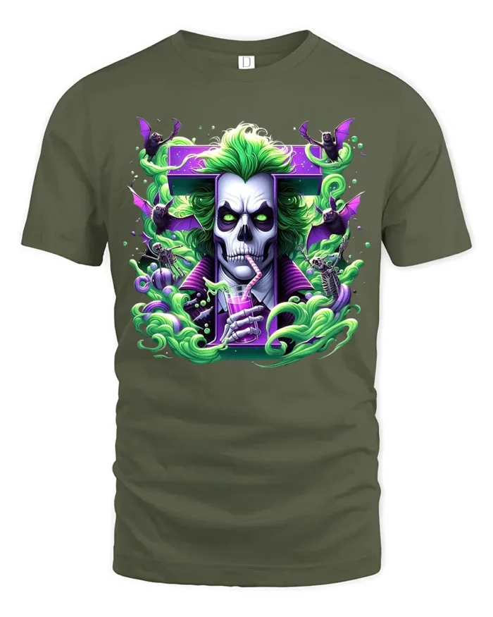 Creepy Joker Halloween Villain Skull Shirt - military green t-shirt on white background