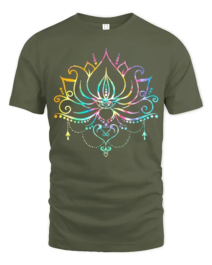 Rainbow Lotus Colorful Yoga Flower Zen T-Shirt - military green t-shirt on white background
