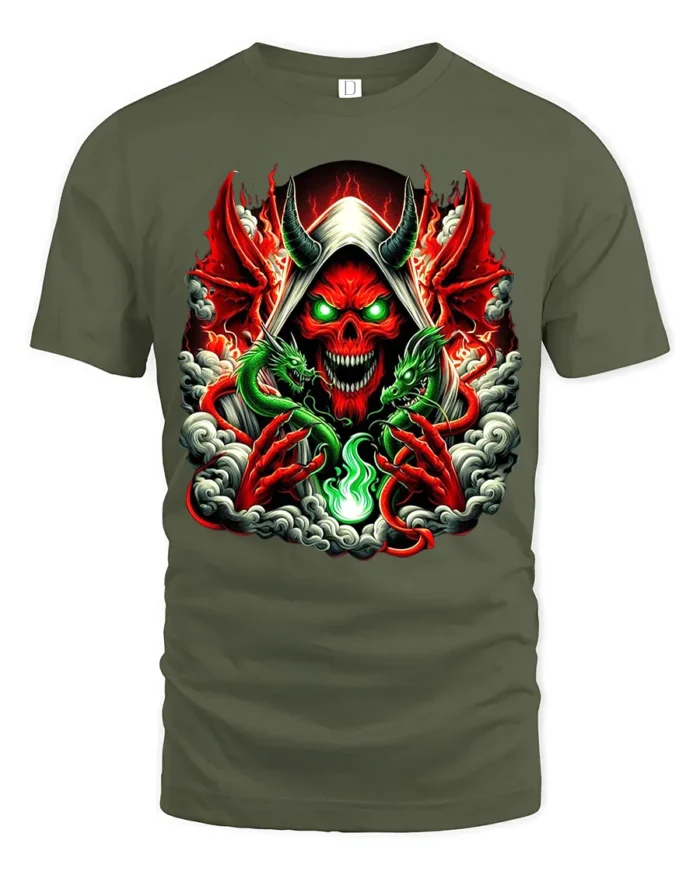 Infernal Skull T-Shirt Red Demon Green Dragon - military green t-shirt on white background