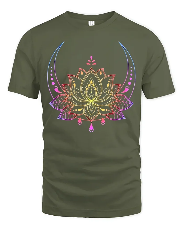Celestial Lotus T-Shirt Moon Phase Yoga Zen - military green t-shirt on white background