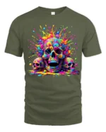 Rainbow Skull T-Shirt Vibrant Splatter Skull - military green t-shirt on white background