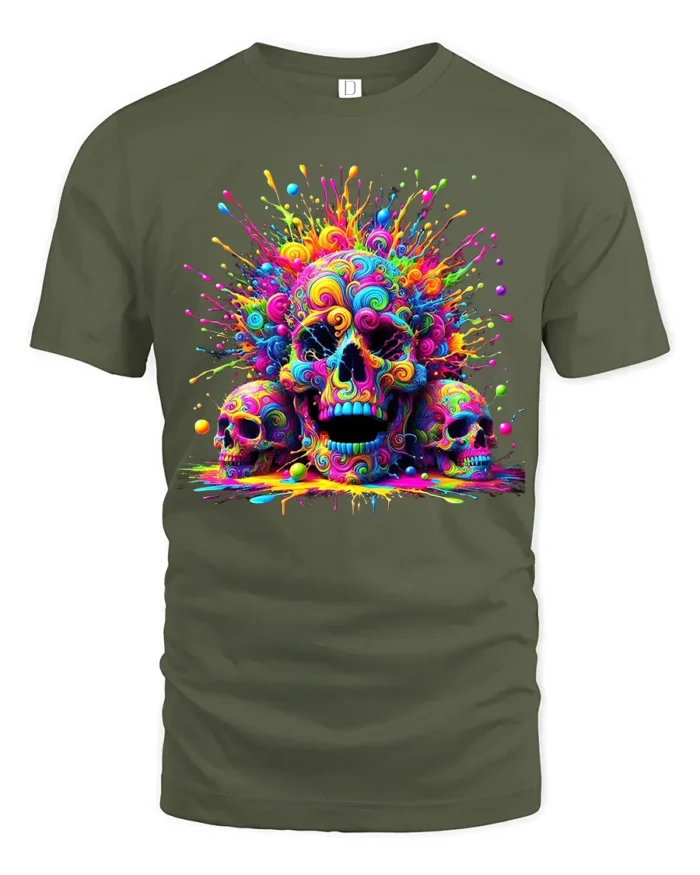 Rainbow Skull T-Shirt Vibrant Splatter Skull - military green t-shirt on white background