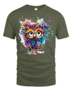 Vibrant Floral Owl Bohemian Style Colorful Bird T-Shirt for Nature Lovers - military green t-shirt on white background