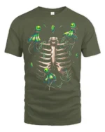 Mystic Skeleton Spirits Chained Glowing Ghosts and Ribcage Graphic Shirt - military green t-shirt on white background