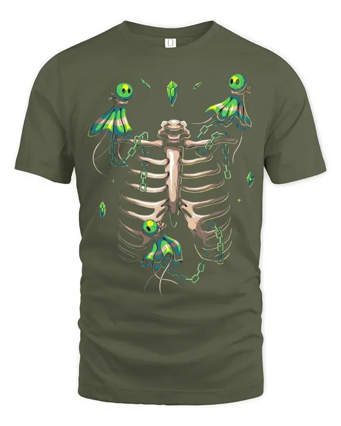 Mystic Skeleton Spirits Chained Glowing Ghosts and Ribcage Graphic Shirt - military green t-shirt on white background