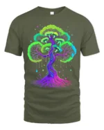 Neon Psychedelic Mushroom Tree Vibrant Trippy Fungi Forest T-Shirt - military green t-shirt on white background