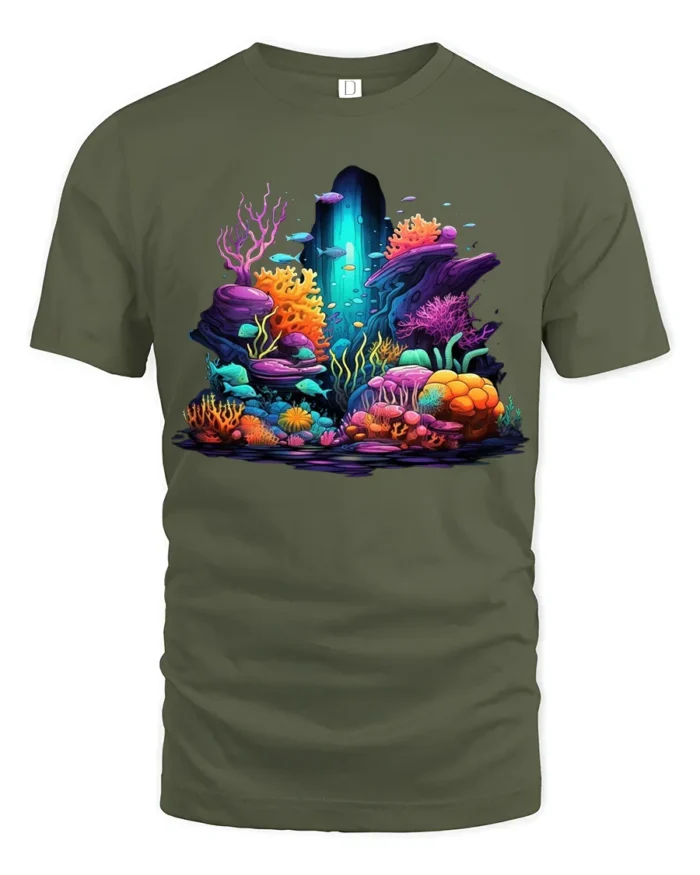 Underwater Paradise Colorful Ocean Scene - military green t-shirt on white background