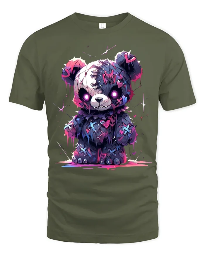 Spooky Cute Bear T-Shirt Creepy Kawaii Teddy Bear Design for Goth Lovers - military green t-shirt on white background