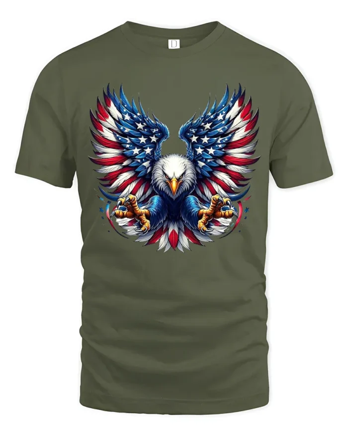 USA Eagle Wings Patriotic American T-Shirt - military green t-shirt on white background