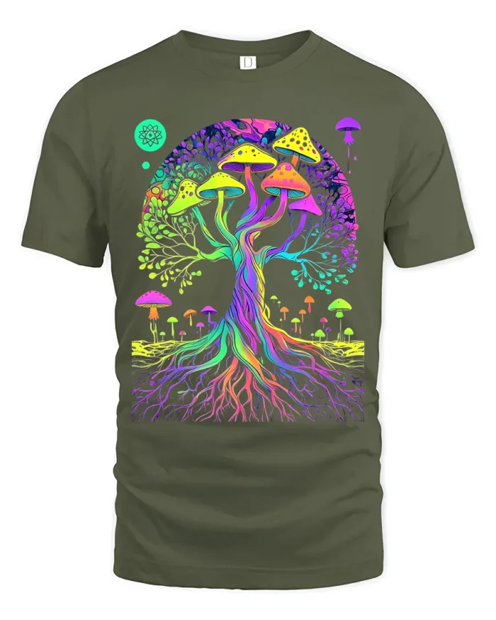 Psychedelic Shroom Tree Colorful Fungi T-Shirt - military green t-shirt on white background