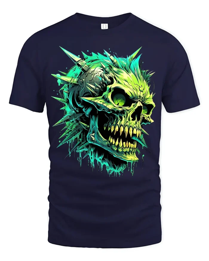 Radioactive Skull T-Shirt Edgy Green Skull - navy t-shirt on white background